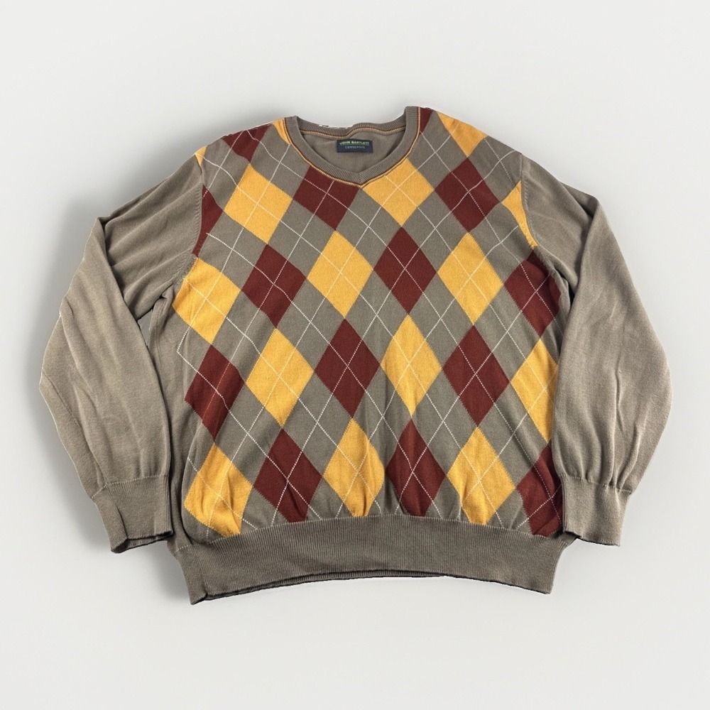 John Bartless Consensus Sweater Men L Argyle Brown Long Sleeve Sweatshirt V-Neck
